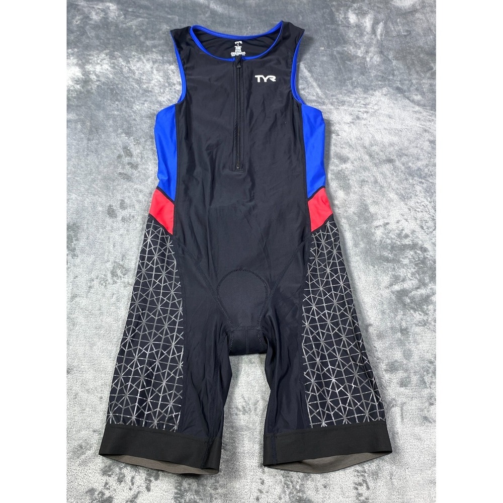 TYR Tri Suit Men Large Cycling Triathlon Bike Run Black Red Race 1/4 Zip